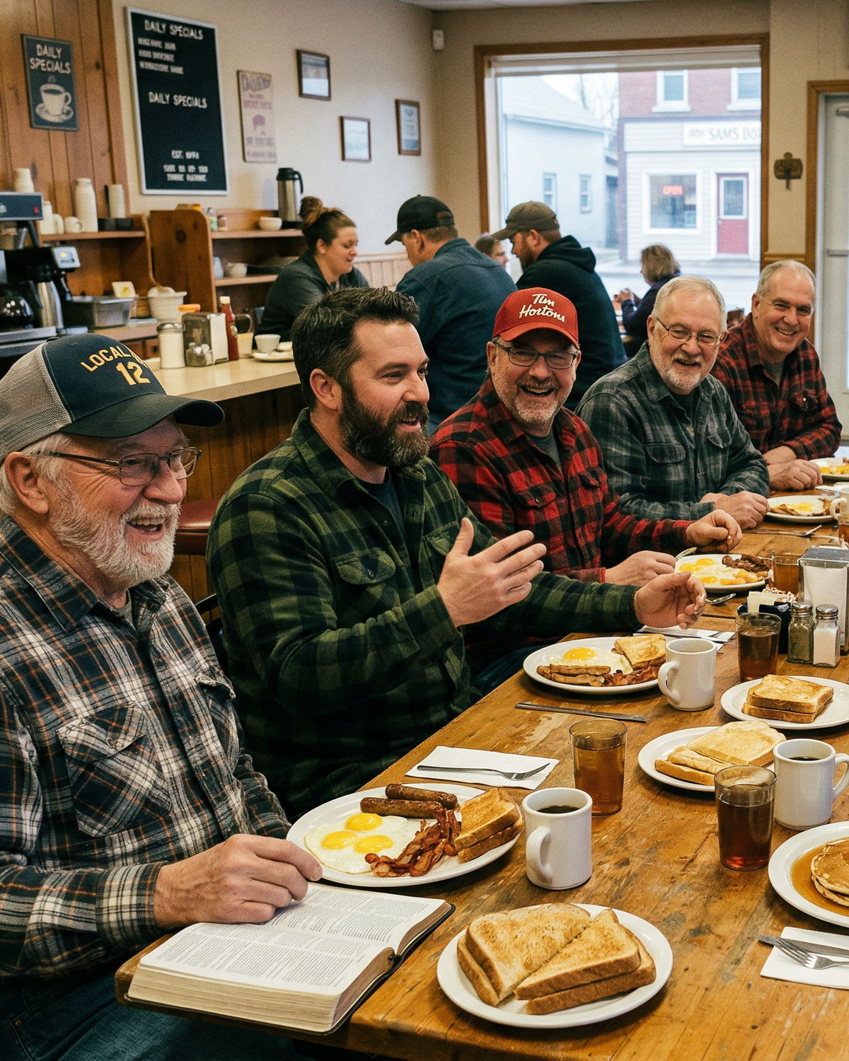 Men sharing breakfast around a table