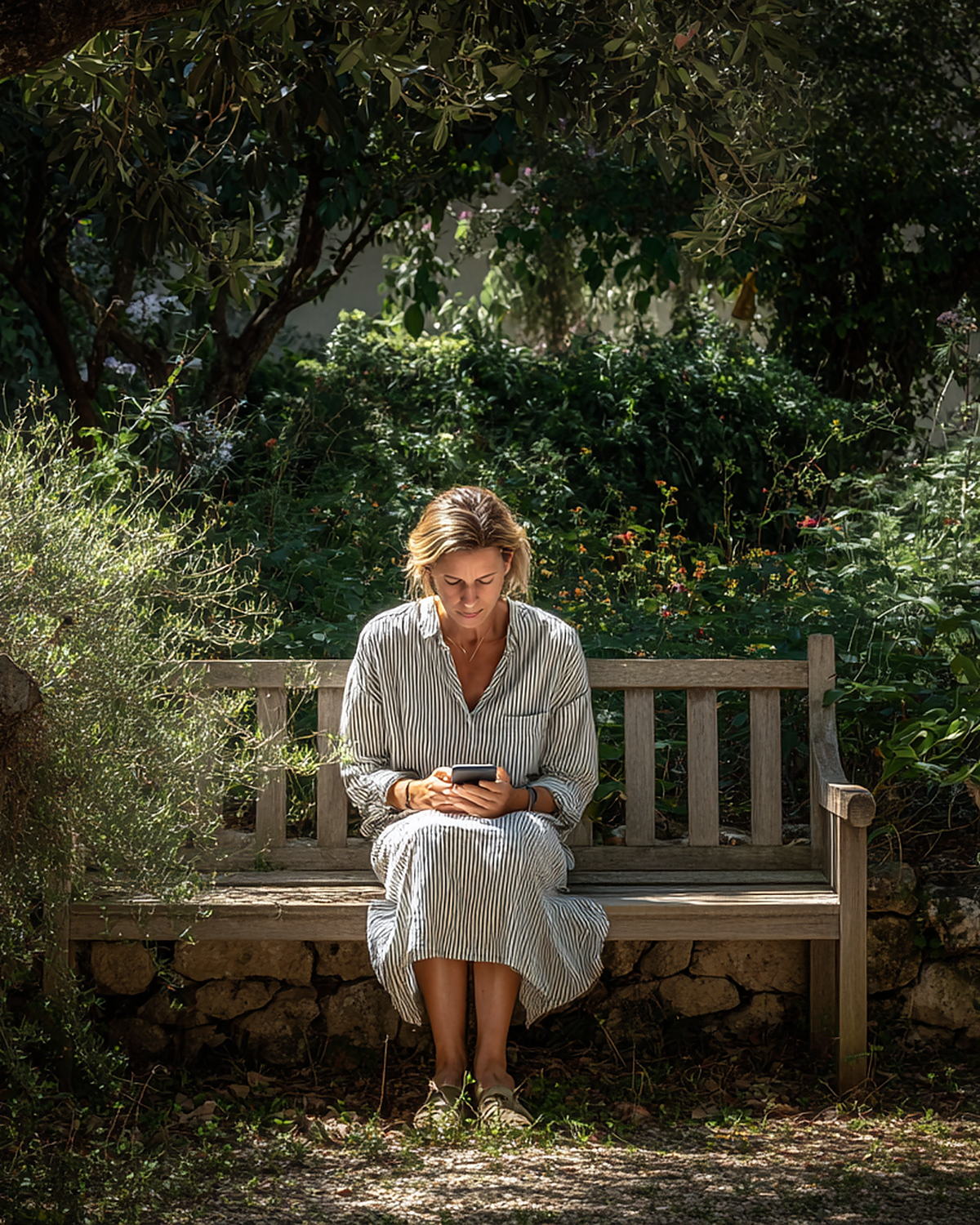A woman reading on a garden bench